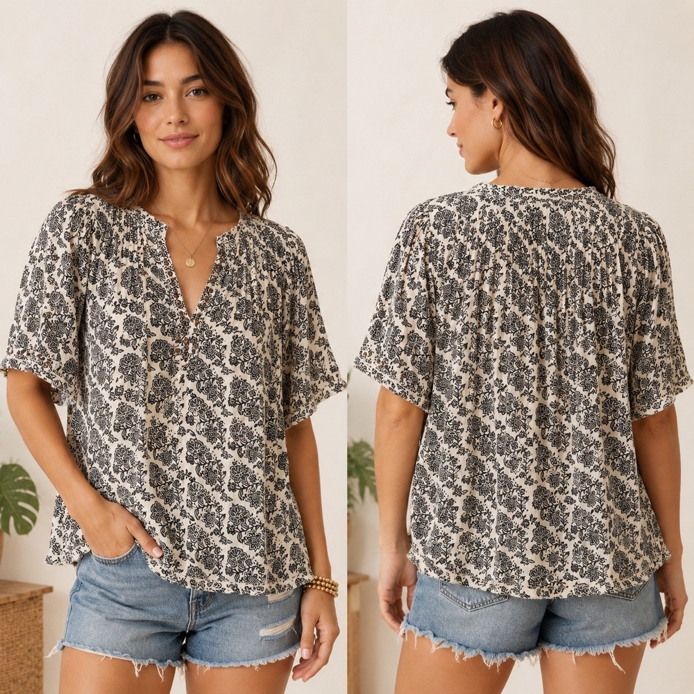 Anthropologie Floral Peasant Top Women XSP Ivory Black Studded Cotton Blouse New